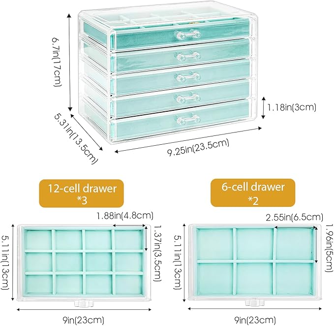 ProCase Earring Holder Organizer Jewelry Box with 5 Drawers, Acrylic Clear Earring Case with Adjustable Velvet Trays for Wome