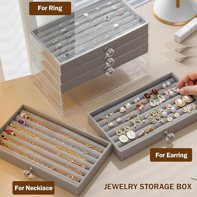 SPAKOWN Ring Box Display Holder, Clear Velvet Jewelry Storage Tray Organizer for Ring Stud Earring (Grey - 5 Drawers)