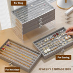 SPAKOWN Ring Box Display Holder, Clear Velvet Jewelry Storage Tray Organizer for Ring Stud Earring (Grey - 5 Drawers)