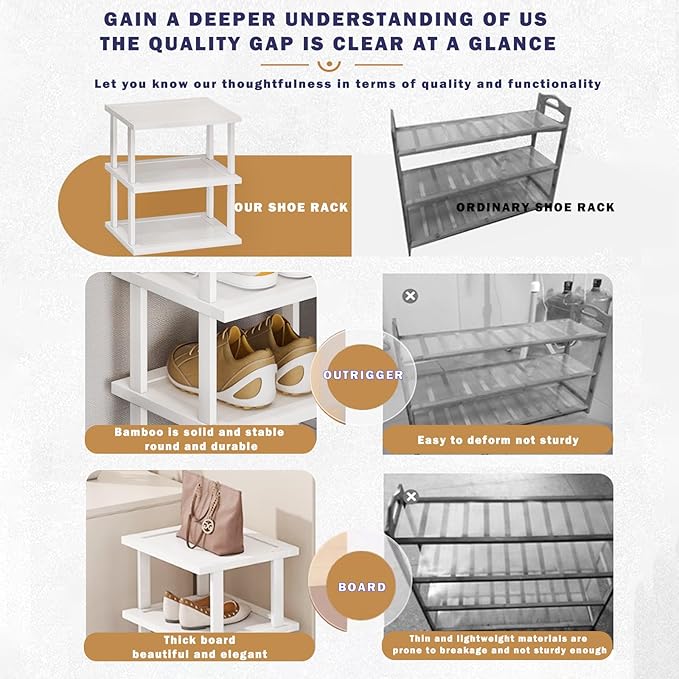 SAN HE Bamboo Shoe Rack 5Tier- Vertical White Shoe Rack for Small Spaces, Tall Narrow Shoe Rack Organizer for Closet Entryway