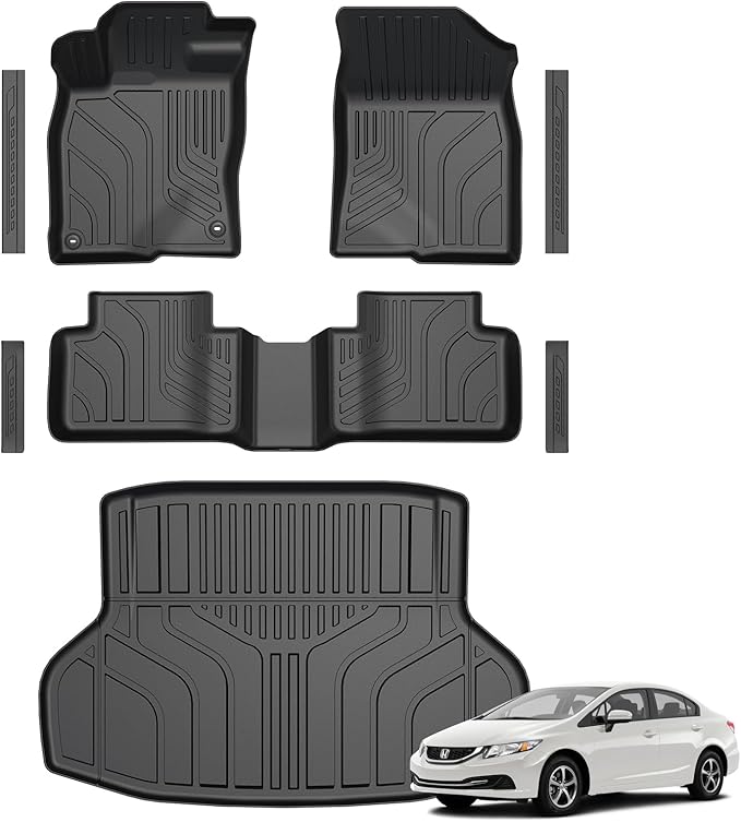 Floor Mats for Honda Civic Sedan 2012-2015, All Weather Floor Mats Trunk Cargo Liner and Door Sill Guards Accessories, Full Coverage Set (Not fit Coupe or Hybrid Models)