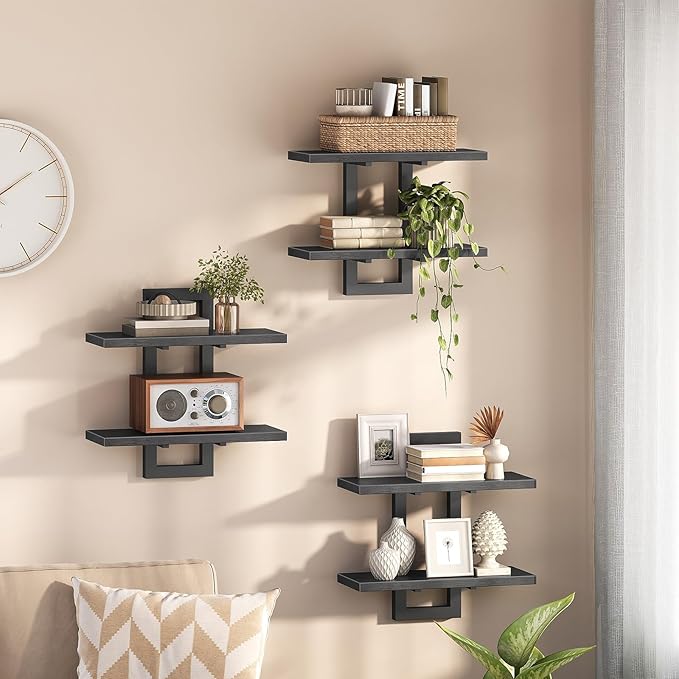 HOOBRO Floating Shelves, 15 Inch Wall Shelf Set of 3, Wall Mounted Storage Shelves 2-Tier, Hanging Bathroom Shelves, for Livi