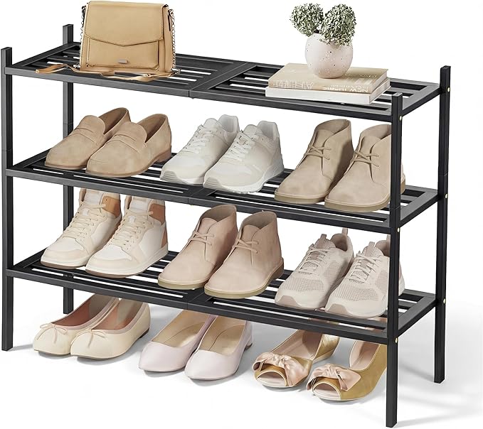 SONGMICS Bamboo Shoe Rack for Closet, Stackable Shoe Oragnizer with Modular Structure, Space-Saving Free Standing Shelf for E
