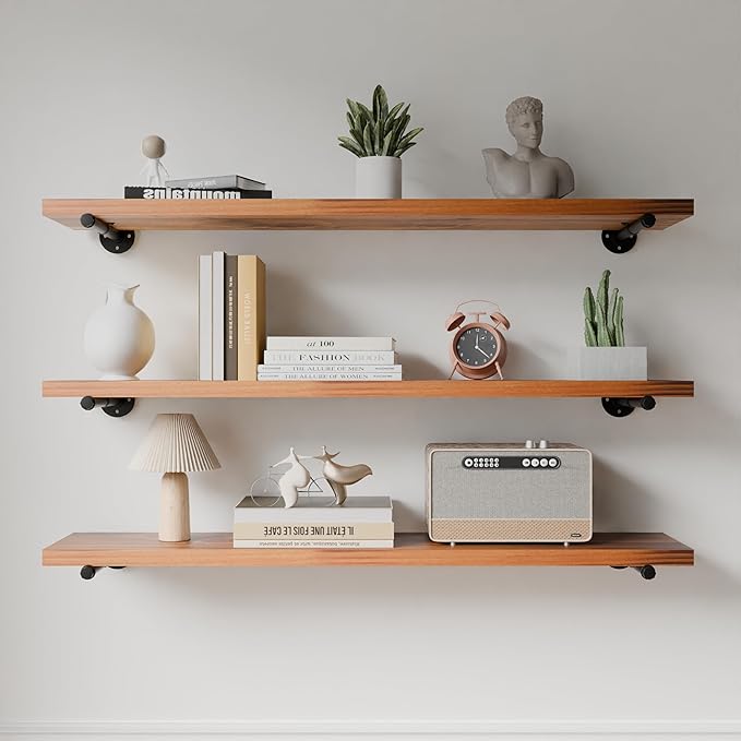 Industrial Pipe Wall Wood Shelves,Real Wooden Shelves 55" in Special Brown Color with 1.2" Extra Thickness, Modern Floating S