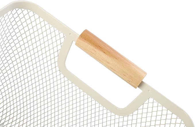 AJIODA Metal Mesh Steel Basket, Small Wire Storage Organizer Basket Multi-function Hanging Kitchen Basket with Wood Handle fo