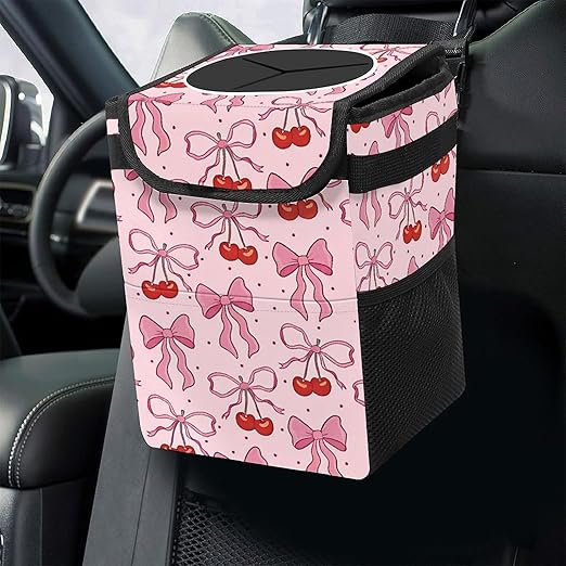 Pink Bow Car Trash Can with Lid Collapsible Reusable Waterproof Car Garage Bag,Automotive Garbage Can,Car Accessories Interior Car Organizer