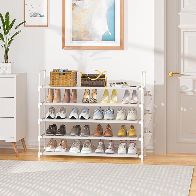 OYREL 5 Tier Shoe Organizer, 33.3in Wide x 11.2in Deep x 35.6in Tall, Black Metal and Plastic Shoe Rack with Side Bag, Holds 