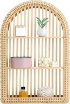 Rattan Wall Shelf 3 Tier Boho Wall Mounted Shelf 15.75" x 23.62" Farmhouse Handcraft Bamboo Arched Floating Shelves for Livin