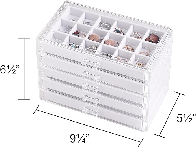 Frebeauty Acrylic Jewelry Organizer Earring Organizer Box with 5 Drawers Earring Holder Organizer with Velvet Trays Clear Jew