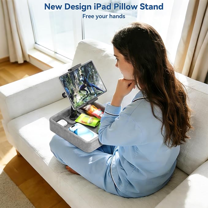 KDD Tablet Pillow Holder - Multi-Angle Adjustable iPad Stand for Lap, Bed and Desk - Foldable Kindle Soft Pad Dock with Storage Tray Compatible with iPad Pro 12.9, Air Mini, Phone, E-Reader