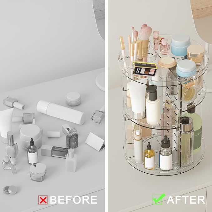 Rotating Makeup Organizer, DIY 8 Adjustable Layers Spinning Skincare Organizer, Cosmetic Display Case with Brush Holder Perfu