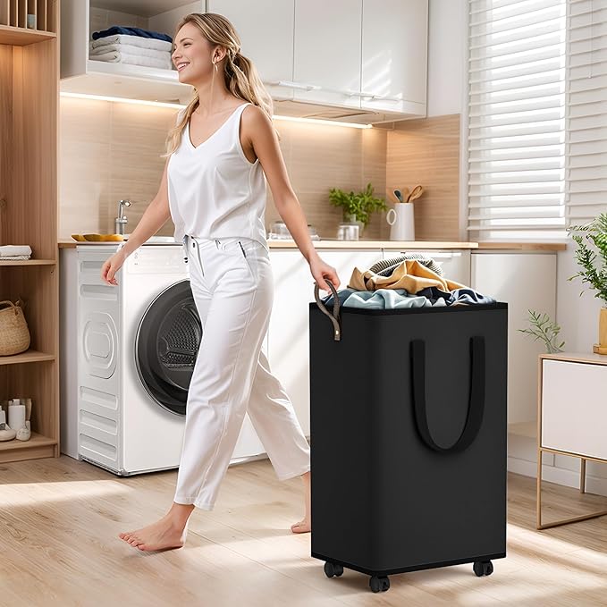 SpaceTrove Laundry Basket with Wheels, Collapsible Laundry Baskets, Laundry Hamper with Handles Detachable Wheels, Rolling La