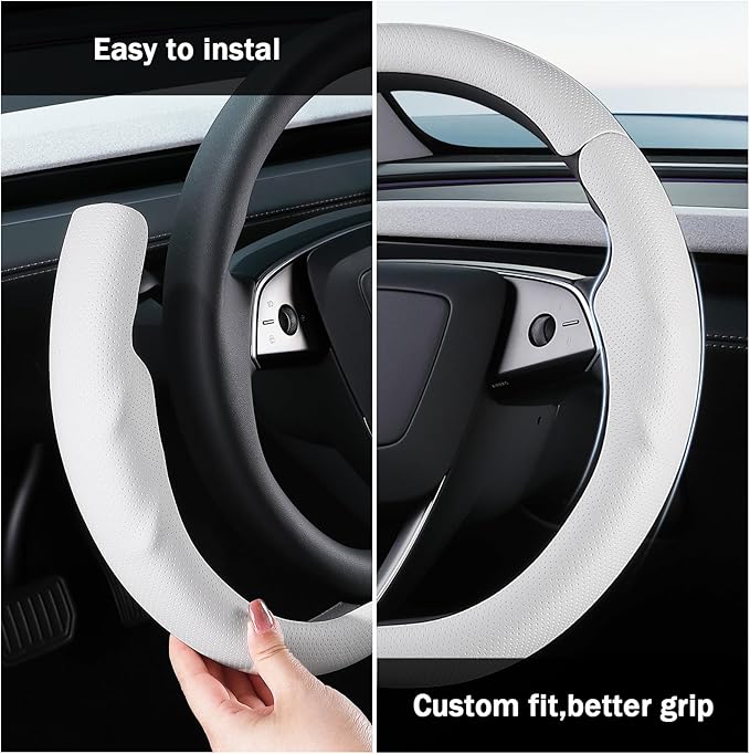 Steering Wheel Cover for Tesla Model 3 2024-Present Highland/Tesla Model Y Juniper 2025-Present, Leather Steering Wheel Cover for Tesla Model 3 Highland/Y Juniper Accessories, White