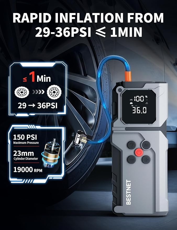 Q27 Jump Starter with Air Compressor, 3000A Portable Car Battery Booster, 150PSI Tire Inflator, Jumper Cables with LED Light, 12V Jump Box for Up to 7.0L Gas & 5.0L Diesel Engines