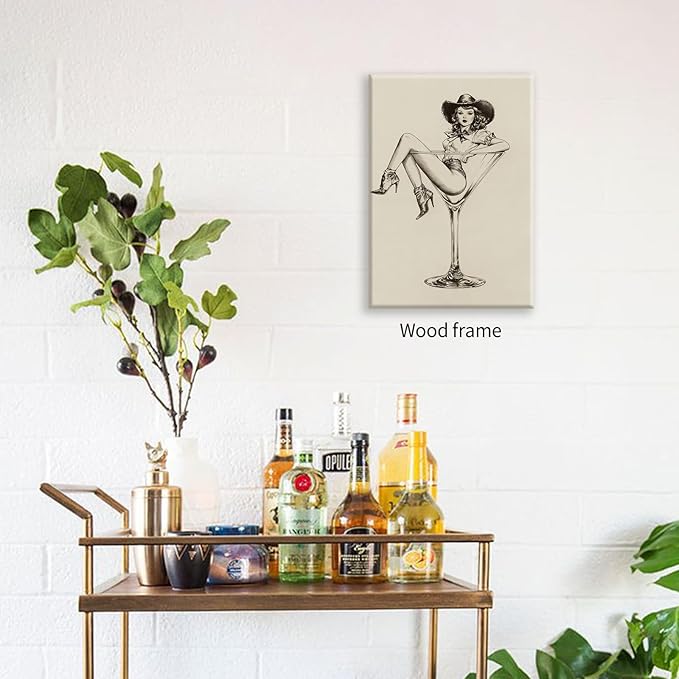 Vintage Western Framed Wall Art Coquette Cowgirl Martini Posters Prints 24x36 in Retro Bar Cart Cocktail Artwork Aesthetic fo
