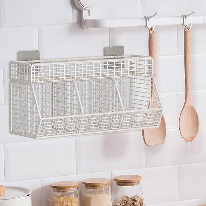 Multifunctional Metal Wire Hanging Basket Wall Organizers Accessory For Kitchen And Living Room With 3 Storage Grids