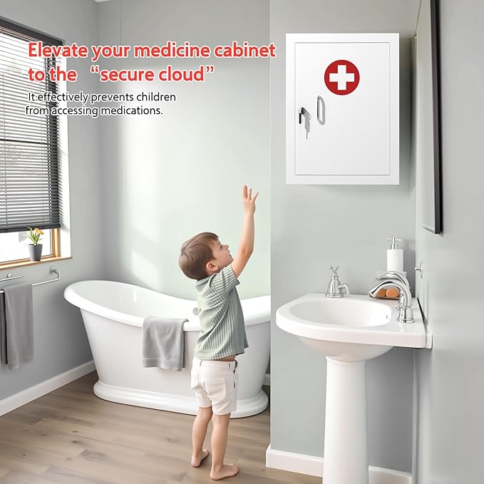 Locking Medicine Cabinet Wall-Mount: Storage Cabinet with Lock & Key - White Metal First Aid Kits for Childproofing and Famil