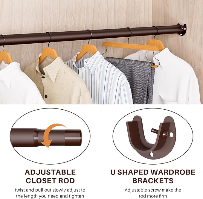 Closet Rod - Closet Rods for Hanging Clothes, 17 to 53 inch Adjustable Closet Hanging Rod, Heavy Duty Clothes Rod Clothing Ba