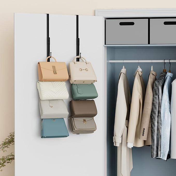 SWTYMIKI Over the Door Purse Organizer - 2 Packs Wall Mounted Purse Rack with 5 Hooks Design, Hanging Handbag Organizer Stora