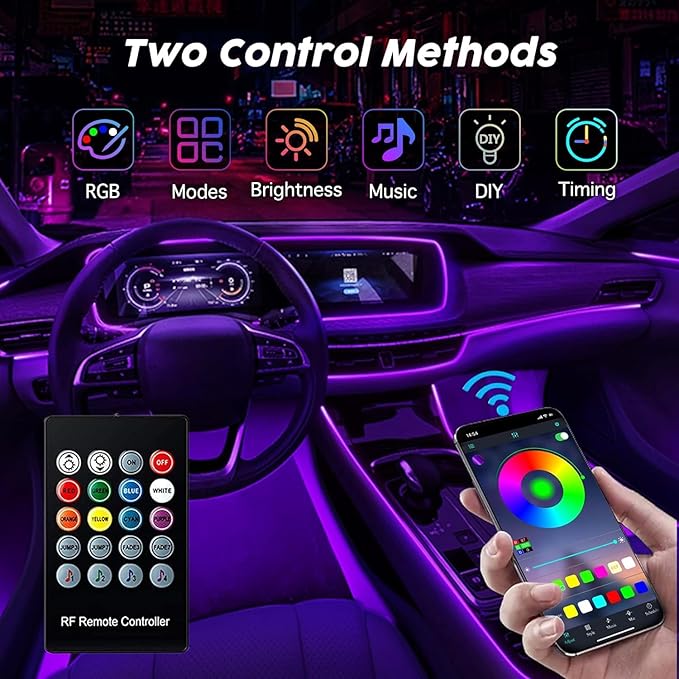 Interior Car Lights, SAMGCHI USB Car LED Strip Lights, Car Ambient Lighting Kit with 236 inches Fiber Optic, RGB EL Wire Lights APP and RF Remote Control Music Sync and DIY Mode DC 12V