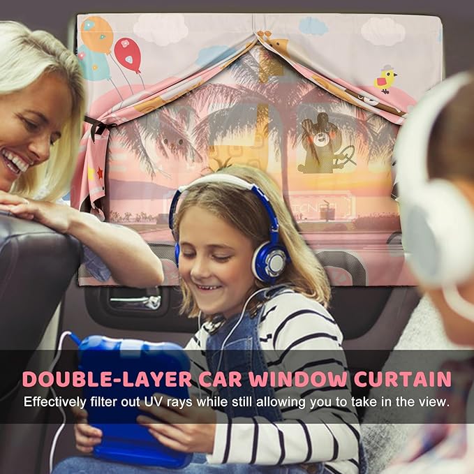 Car Window Shades, 2pcs Magnetic Car Curtains for Side Windows Privacy Full Covers/Half Shade Options, Cute Cartoon Auto Sunshades for Baby Protection Pink