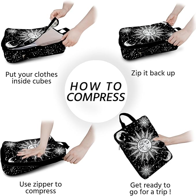 6 Pcs Compression Packing Cubes Waterproof Suitcase Travel Bag Luggage Backpack Organizer Travel Cubes for Packing-Gothic Sty