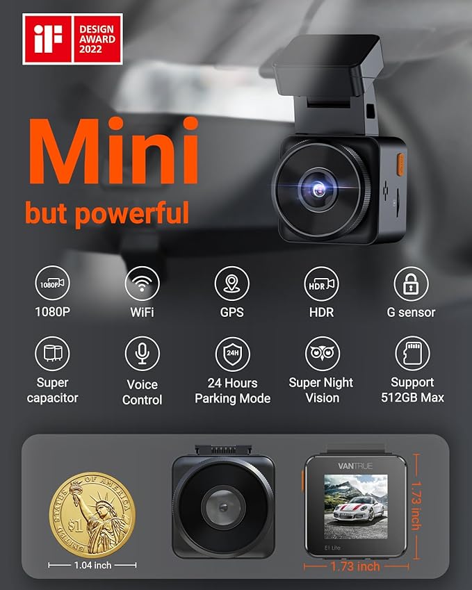 Vantrue E1 Lite 1080P Dash Cam, Mini Car Camera with Night Vision, 60fps Dash Cam with GPS and Speed, Wi-Fi APP Control, Loop