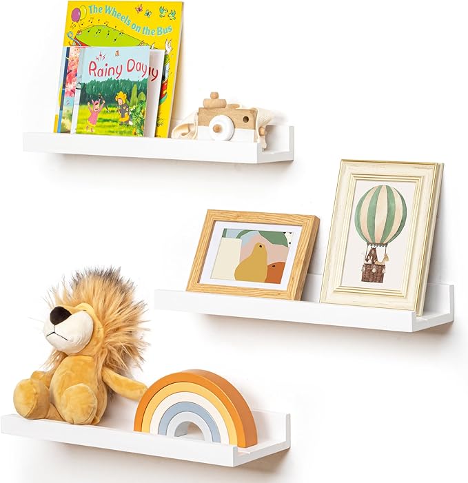 Picture Ledge Shelf for Wall, 16 inches Solid Pine Wood Nursery Book Shelves 3 Packs, Floating Ledge Shelves for Kids' Room B