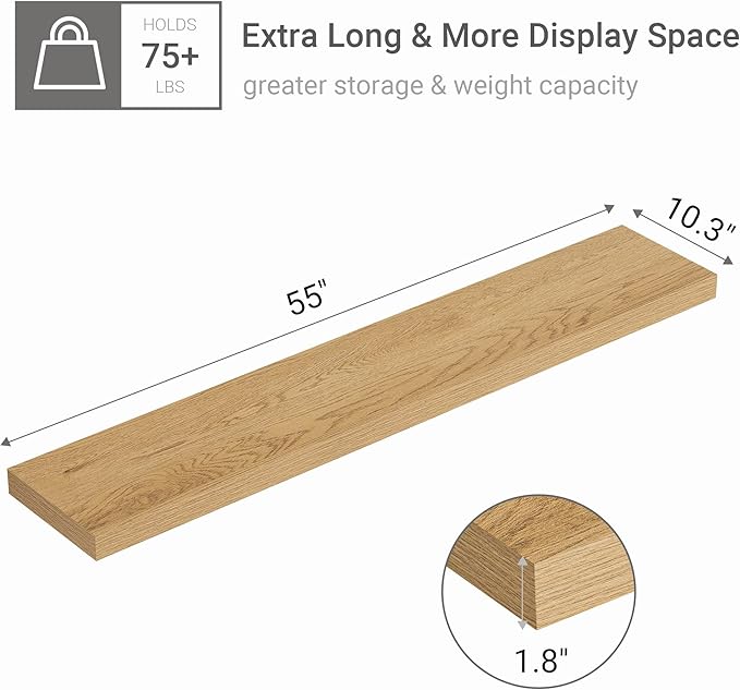 Vivelove 55 inch Long Floating Shelves for Wall, 10.3" Deep & Thicker Storage Shelf for Living Room, Kitchen, Farmhouse,Wall 