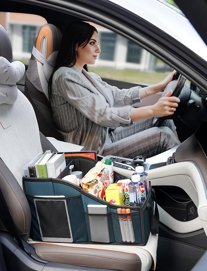 YOHOOLYO Car Seat Organizer Backseat Car Organizer with 4 Compartments, 4 Cup Holders and 7 Mesh Pockets for Front and Rear Seat, Blue