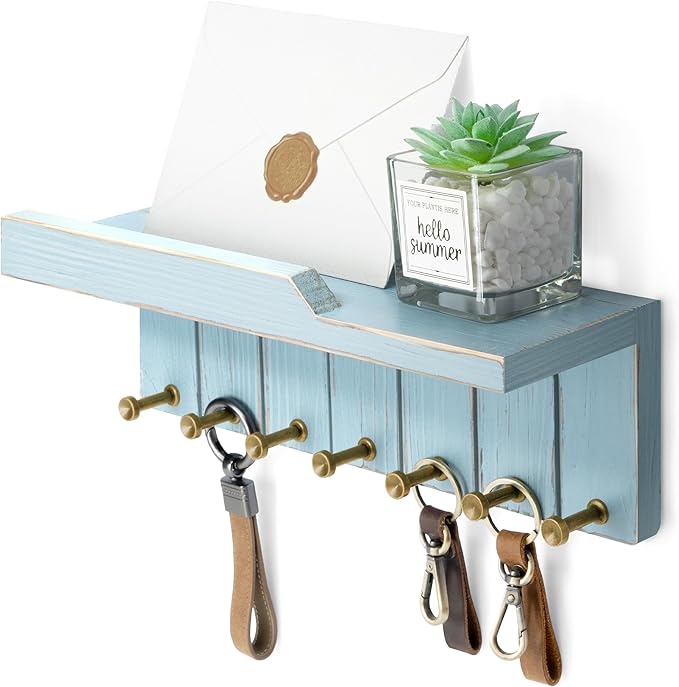 Rebee Vision Key Holder Wall Mount for Boho Decor - Key and Mail Holder for Wall with 7 Sturdy Key Hooks and Floating Shelf -
