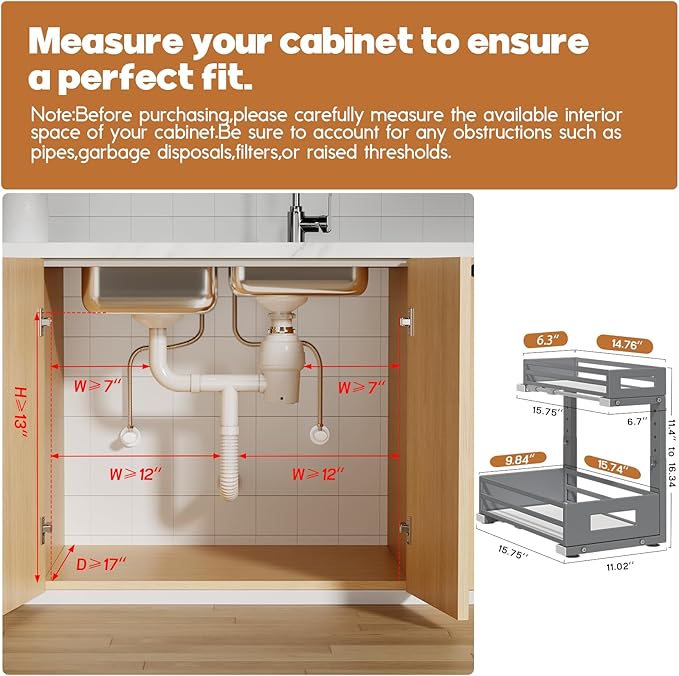 2-Pack Under Sink Organizers and Storage,2-Tier L Shape Pull Out Cabinet Organizer With Round Tube Slide Rails,Hight Adjustab