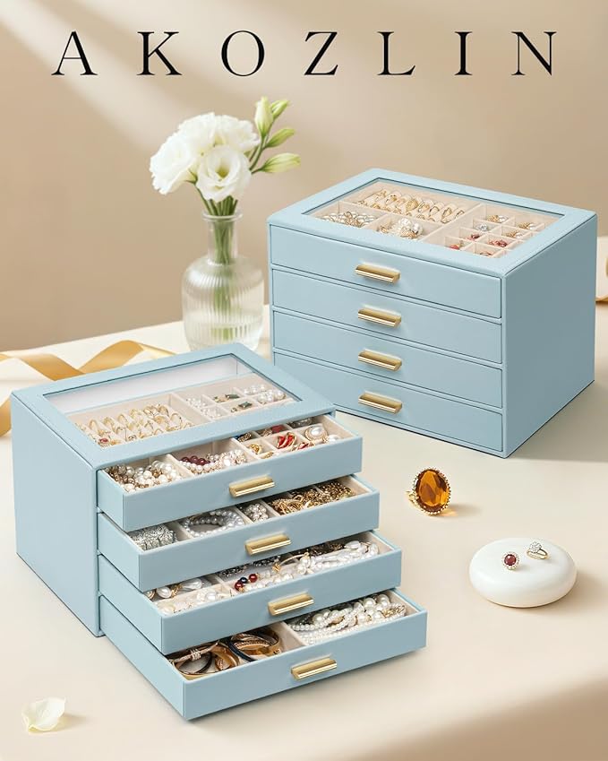 AKOZLIN Jewelry Box with Clear Lid Functional Leather Jewelry Storage Organizer Case 4 Drawers for Women Girls Necklace Ring 
