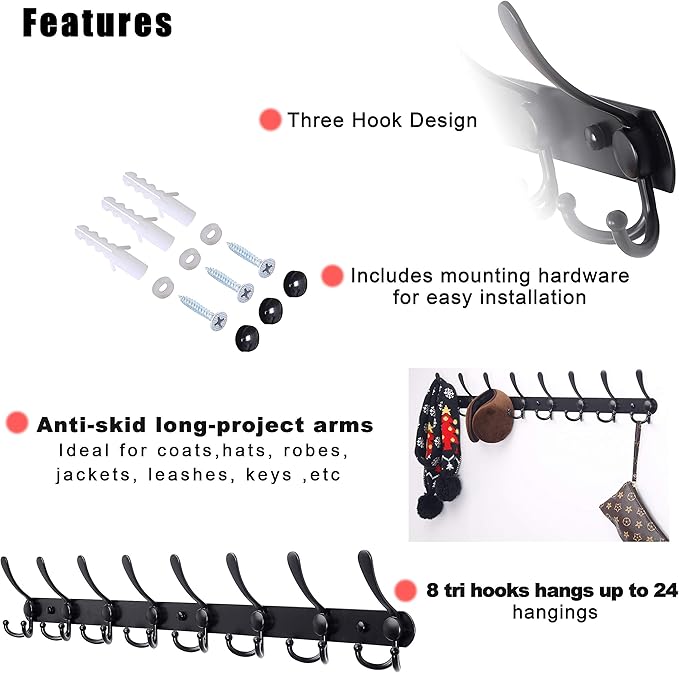 Dseap Coat Rack Wall Mount - 29.5” Long 8-Tri-Hooks Heavy Duty Coat Hanger Rail Wall Hooks for Hanging Coats Hats Clothing Cl