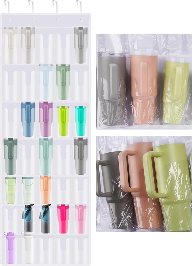 NiHome 35-Pocket Large Capacity Door Cup Organizer Fit for Stanley Tumblers 30oz, 40oz, Door Hanging Water Bottle Storage, Do