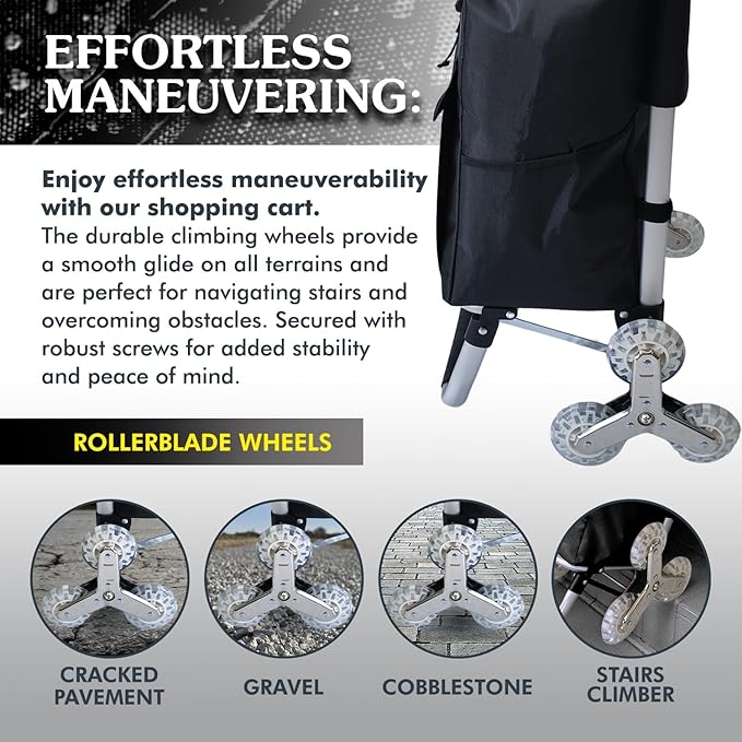Ultra-Lightweight Foldable Stair-Climbing Shopping Cart for Groceries - 42L Capacity, Six Wheels, Removable Insulated Bag, Durable Aluminum Frame,Multi-Function Personal Hand Truck, Black