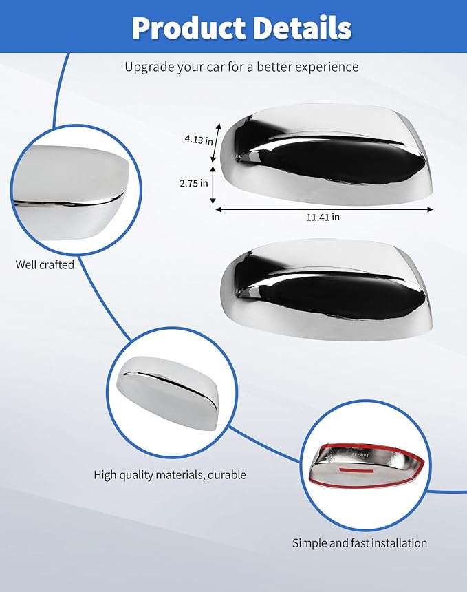Rearview Mirror Half Caps Covers Compatible with 2007-2014 Chevy Silverado GMC Sierra Avalanche Tahoe Suburban Yukon Escalade ESV Left Right Side View Upper Mirror Cover Caps, Chrome