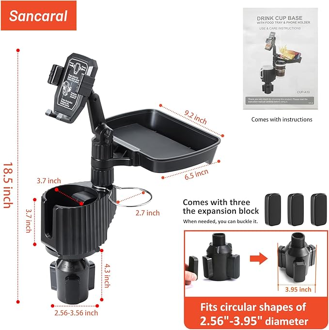 Car Large Cup Holder Expander, 4-in-1 Cupholder Extender with Phone Holder & Swivel and Detachable Snack Food Tray Table for 