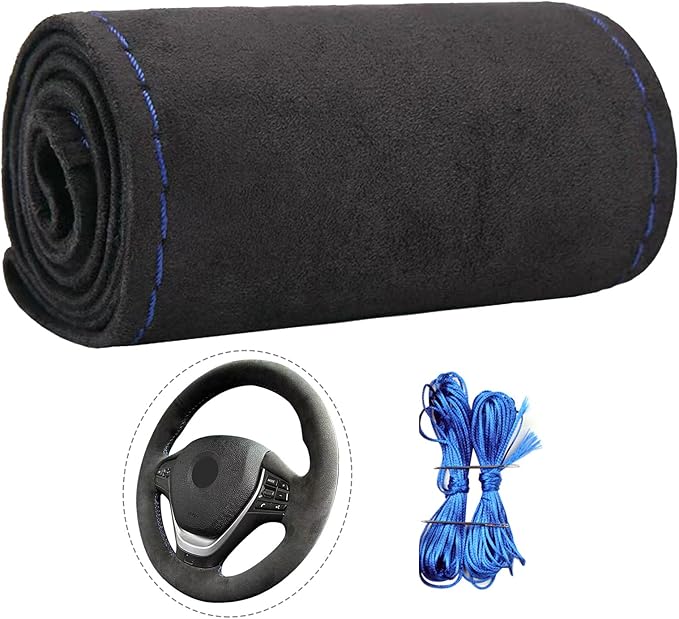 Suede Leather Steering Wheel Cover Wrap Kit - DIY Stitch-On for 14.5-15" Wheels, Superior Sweat Absorption & Non-Slip Grip, Comfortable & Durable Year-Round Upgrade
