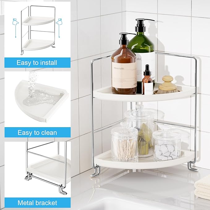 FSyueyun 2-Tier Corner Bathroom Counter Organizer, Tool-Less Installation Vanity Shelf Small Plastics Countertop Makeup Tray 