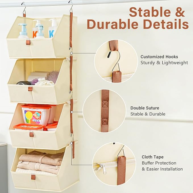 4 Tier Hanging Closet Organizer,Disassemblable Clothes Hanging Shelves,Fabric Closet Organizer System for Space-Saving,Foldab