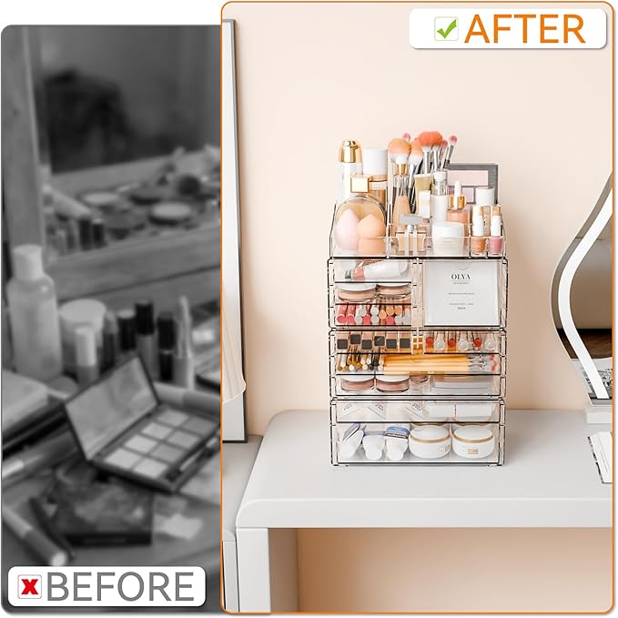 Yieach Acrylic Make up Organizers for Counter,Desk and Vanity,4 Pack Stackable Bathroom Counter Organizer with Drawers,Large 
