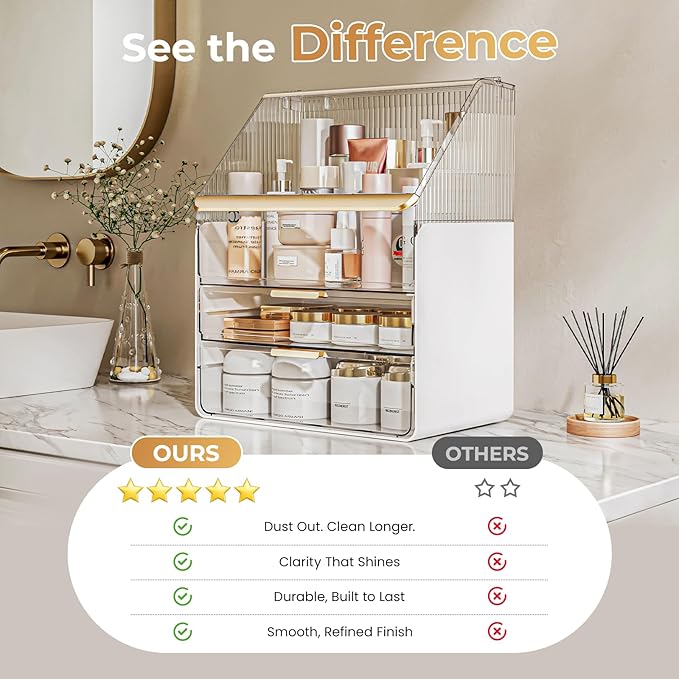 Makeup Organizer Countertop with Drawers & Lid, Skincare Organizer for Vanity, Large Cosmetic Organizer & Display Cases and S