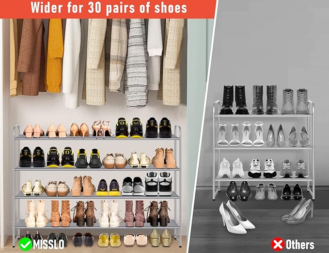 MISSLO 4 Tier Long Shoe Organizer for Closet Shoe Rack for Bedroom Closet Floor Shoe Shelf for Entryway Storage Stackable Wid