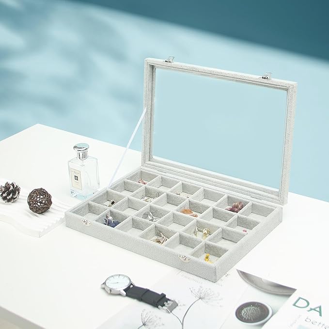 Coward Jewelry Organizer Tray Box, 24 Grids Ring Earring Chain Bracelet Necklace Jewelry Bead Display Holder Tray Case with T