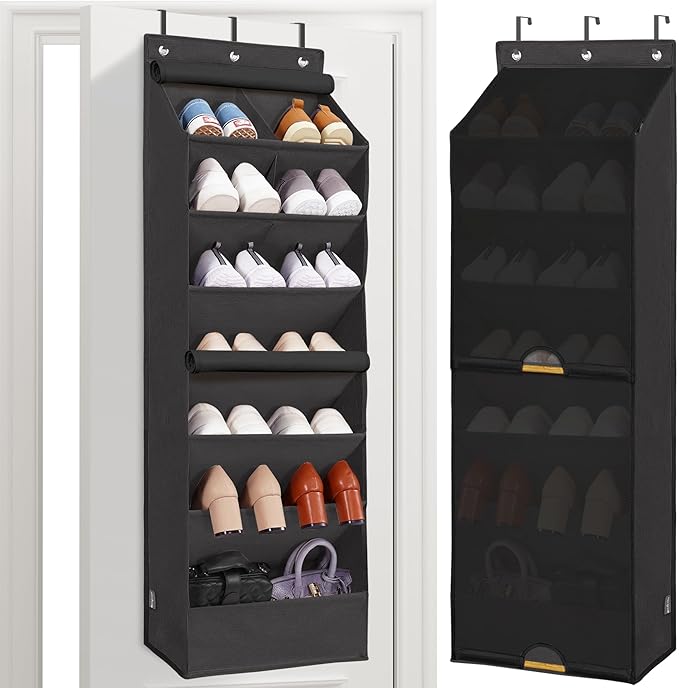 STORAGE MANIAC Over the Door Shoe Organizer with Curtain Dustproof Heavy-Duty Large Deep Pocket Hanging Shoe Organizer for Cl