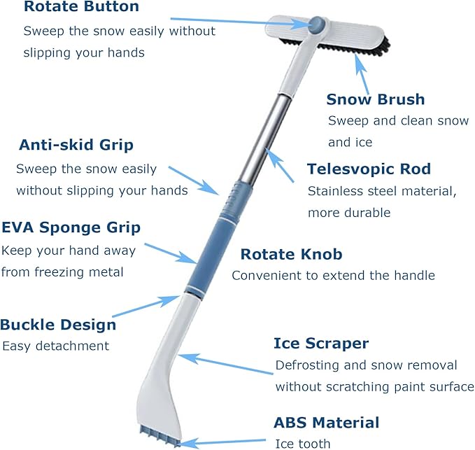 3 In 1 Snow Brush and Ice Scraper for Car Windshield Extendable Snow Removal 360° Pivoting Vehicle Winter Shovel Brush Snow Scraper with Long Handle for Car SUV Trucks (White)
