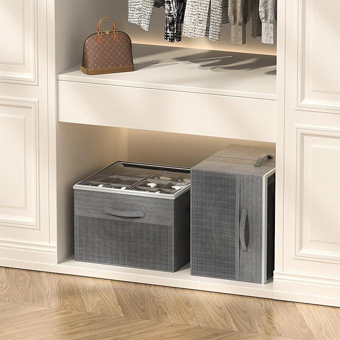 Aokeyee Shoe Organizer for Closet,2 Pack Foldable Shoe Storage Organizer Box Bin with Adjustable Dividers and Clear Cover, Fi