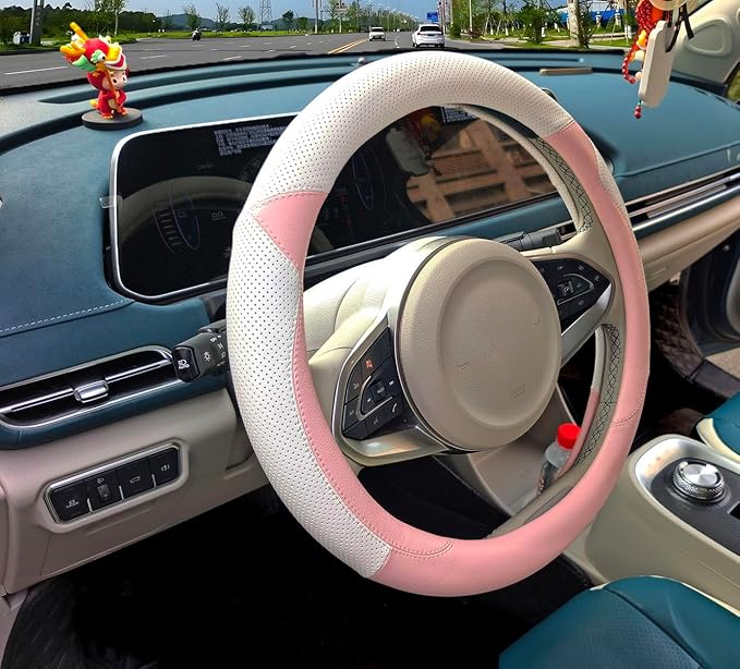 Fashion Cat Ear Leather Steering Wheel Cover Women Girl 15"(38cm) Universal Fit Auto D Shaped Leather Steering Wheel Covers (