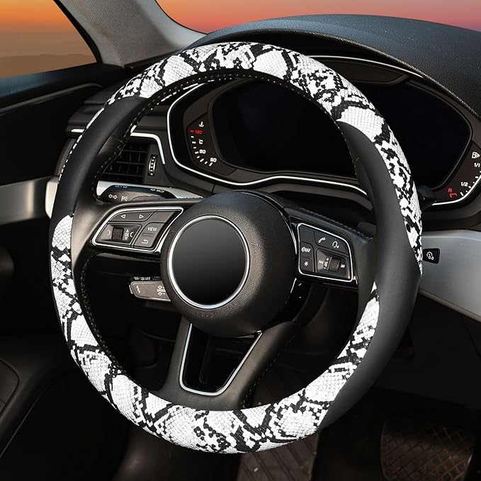 ZHOL Snake Skin Steering Wheel Cover Leather 14.5-15 Inch, Reversible Car Steering Wheel Cover for Women Men, Anti-Slip Desig
